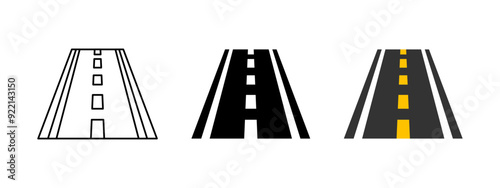 Dashed road line marking icon. Straight road symbol. Yellow one line broken traffic marking vector illustration. Highway traffic sign. Roadway pictogram. Black avenue street concept.