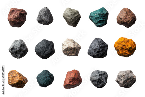 Set of 15 various colored rocks on a white background. Different textures and shades for geological and nature-related content.