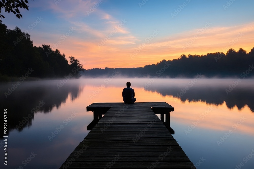 The silhouette of an individual on a dock overlooks a serene lake as the vibrant colors of sunset reflect on the water, portraying introspection and the beauty of nature. The silhouette of an individual on a dock overlooks a serene lake as the vibrant colors of sunset reflect on the water, portraying introspection and the beauty of nature.