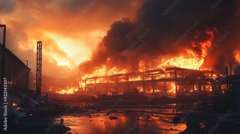 A dramatic view of a large fire consuming an industrial warehouse. The bright, intense flames and thick smoke create a chaotic and urgent scene, with firefighters working to control the blaze A dramatic view of a large fire consuming an industrial warehouse. The bright, intense flames and thick smoke create a chaotic and urgent scene, with firefighters working to control the blaze