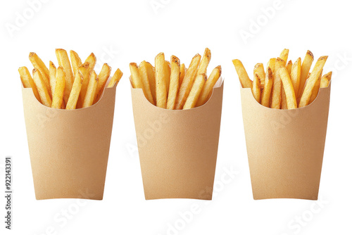 Three servings of golden, crispy French fries in brown paper containers, isolated on white background. Perfect for fast food concepts or menus.