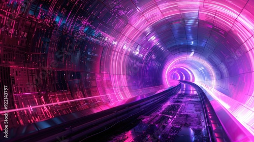 A futuristic tunnel illuminated with vibrant pink and blue lights, creating a sense of motion and energy.