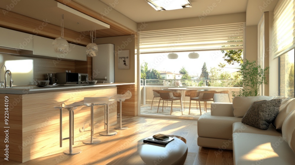 Fototapeta premium Modern Open-Plan Kitchen and Living Room with Balcony View