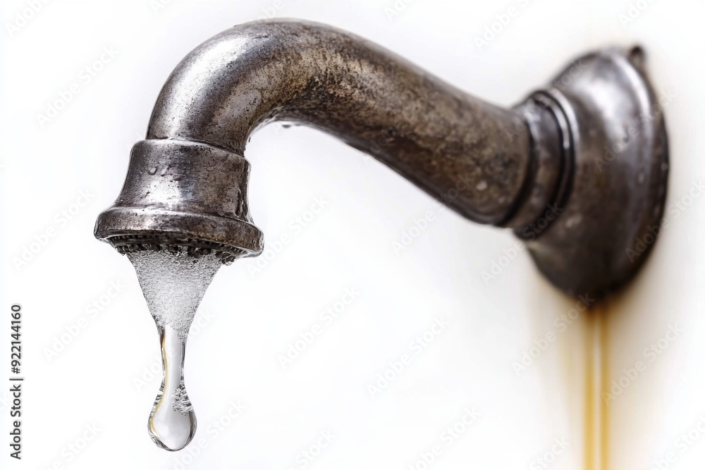 Old faucet with dripping water on white background