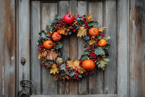 A wreath made of autumn leaves, fruits, and berries decorates a rustic wooden door for Thanksgiving Day