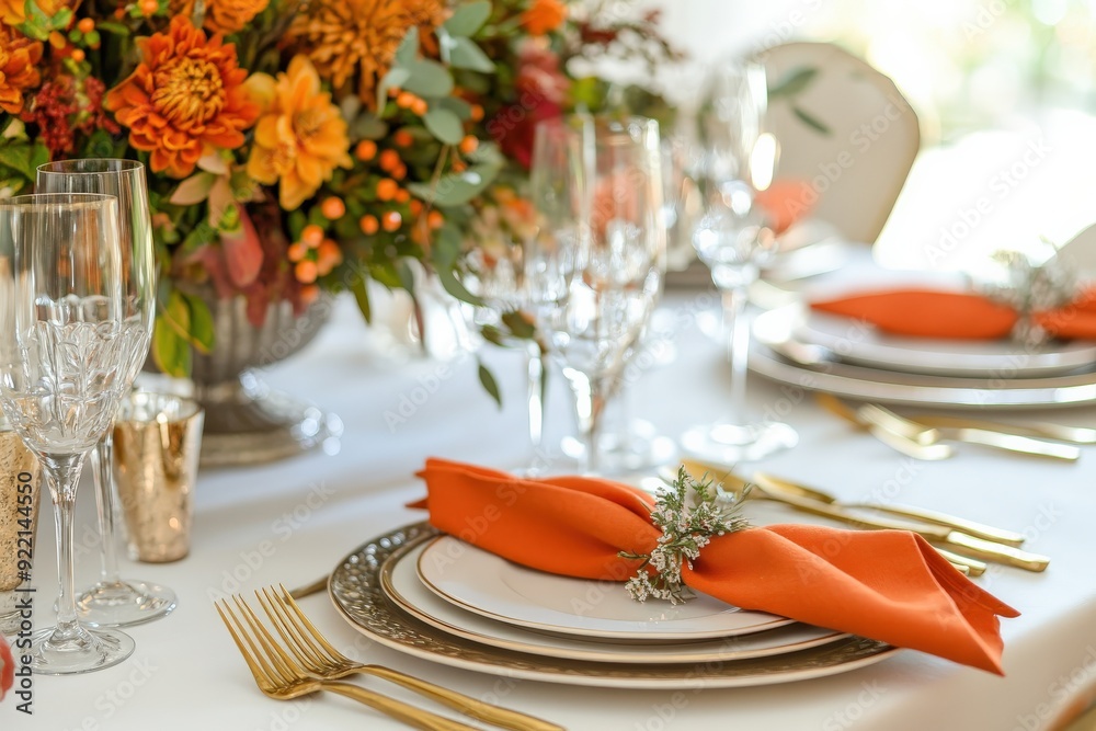 The table is elegantly arranged with vibrant autumn flowers, sparkling glassware, and rich orange accents perfect for Thanksgiving The table is elegantly arranged with vibrant autumn flowers, sparkling glassware, and rich orange accents perfect for Thanksgiving
