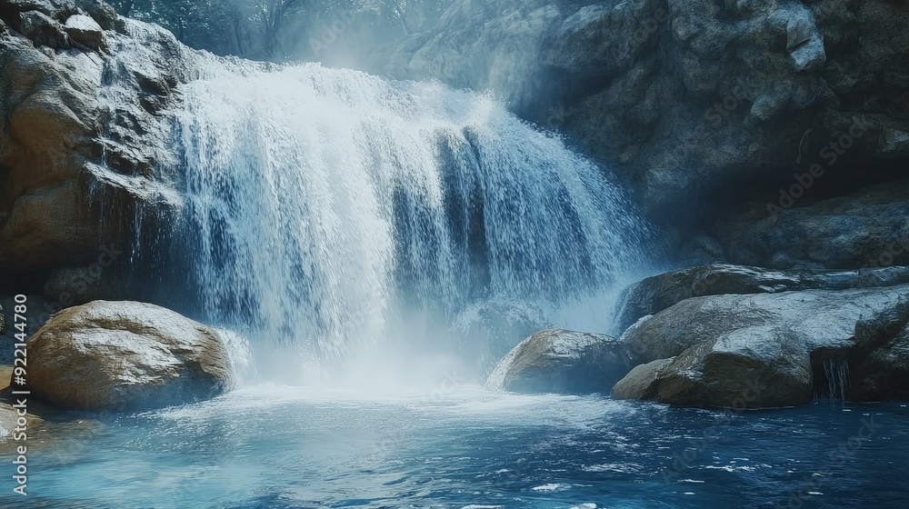 Naklejka premium A dramatic waterfall cascading down rugged rocks into a clear pool below. The powerful rush of water and the mist rising from the impact create a stunning and invigorating natural spectacle.