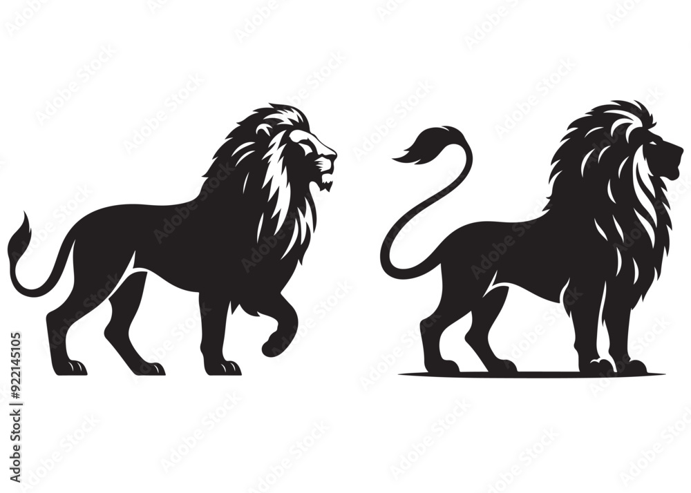 Obraz premium lion vector silhouette illustration, lion standing silhouette vector, Vector silhouette of a lion, black and white lion Silhouette, lion logo icon template vector illustration