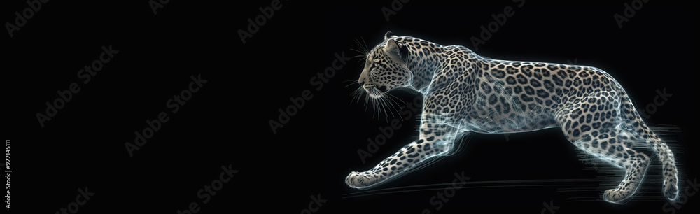 Neon abstract graphic outlines of a leopard, a wild animal. Technology concept, dark background isolate. AI generated.