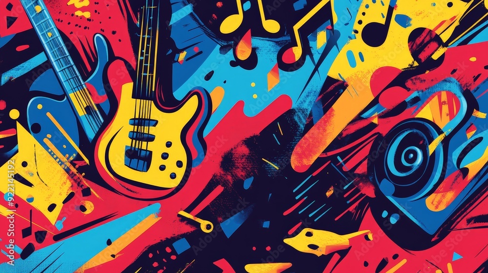 A dynamic banner for a music festival, incorporating energetic graphics and bold fonts. The design features musical notes, instruments, and vibrant colors to capture the excitement of the event A dynamic banner for a music festival, incorporating energetic graphics and bold fonts. The design features musical notes, instruments, and vibrant colors to capture the excitement of the event