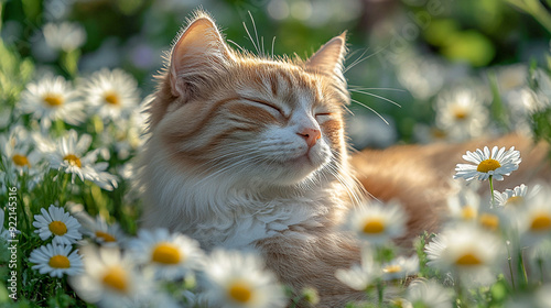 Adorable Ginger Cat Lounging in a Field of Daisy Flowers with Lush Green Grass and Bright White Daisies - Exuding Tranquility and Natural Beauty with Copy Space in Real Photography