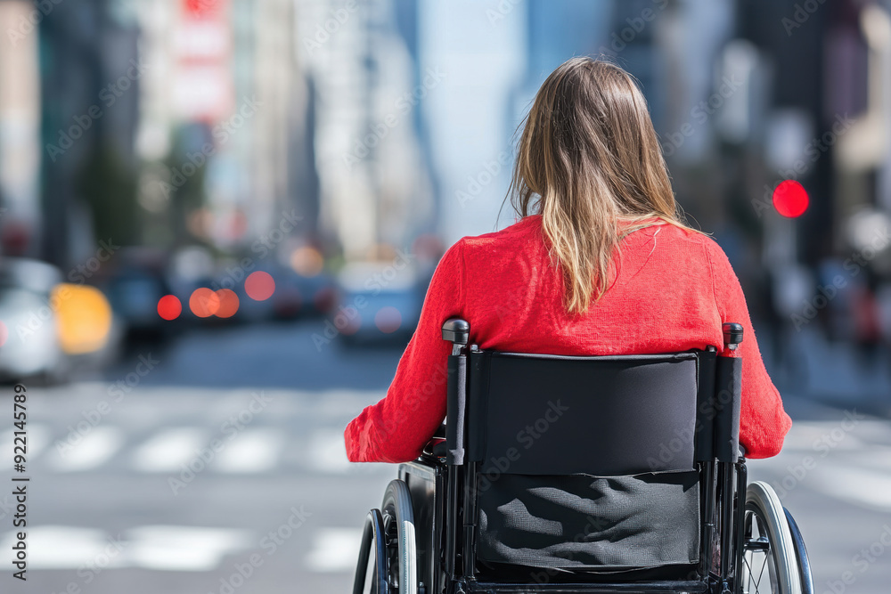 Obraz premium Independent woman navigating city in wheelchair