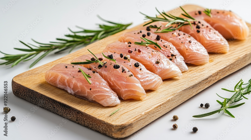 Fresh salmon slices on a wooden board, seasoned with peppercorns and garnished with rosemary sprigs, ready for cooking or grilling. Fresh salmon slices on a wooden board, seasoned with peppercorns and garnished with rosemary sprigs, ready for cooking or grilling.