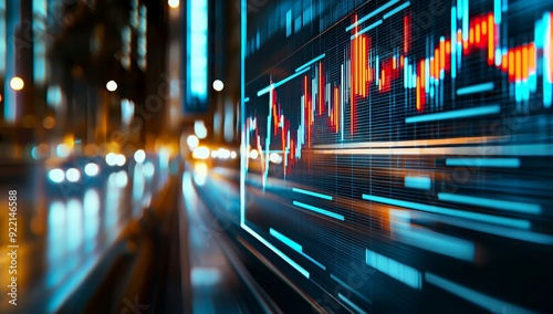 Candlestick Chart Decline on Digital Display, Blue and Red Theme, Blurred Background