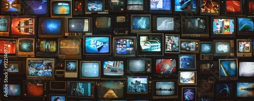 Wall of vintage TVs displaying various static and city scenes, retro style.