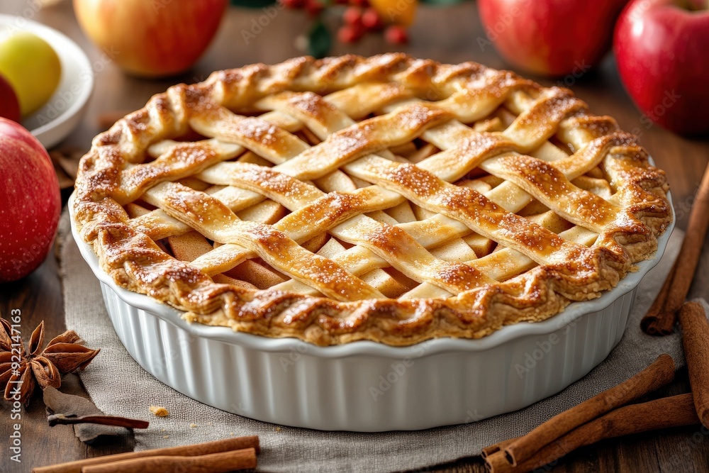 Delicious apple pie with a golden lattice crust sits among fresh apples and spices, celebrating Thanksgiving in a warm, inviting kitchen Delicious apple pie with a golden lattice crust sits among fresh apples and spices, celebrating Thanksgiving in a warm, inviting kitchen