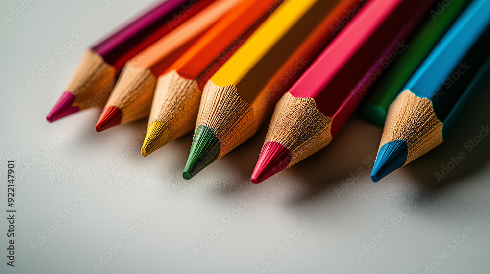 Close-up of sharpened colorful pencils arranged in a row, showcasing vibrant hues and detailed textures, perfect for educational or creative design projects. Close-up of sharpened colorful pencils arranged in a row, showcasing vibrant hues and detailed textures, perfect for educational or creative design projects.