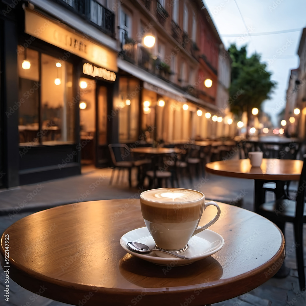 A cup of coffee on a table at a cafe on a beautiful street with comfortable lighting A cup of coffee on a table at a cafe on a beautiful street with comfortable lighting