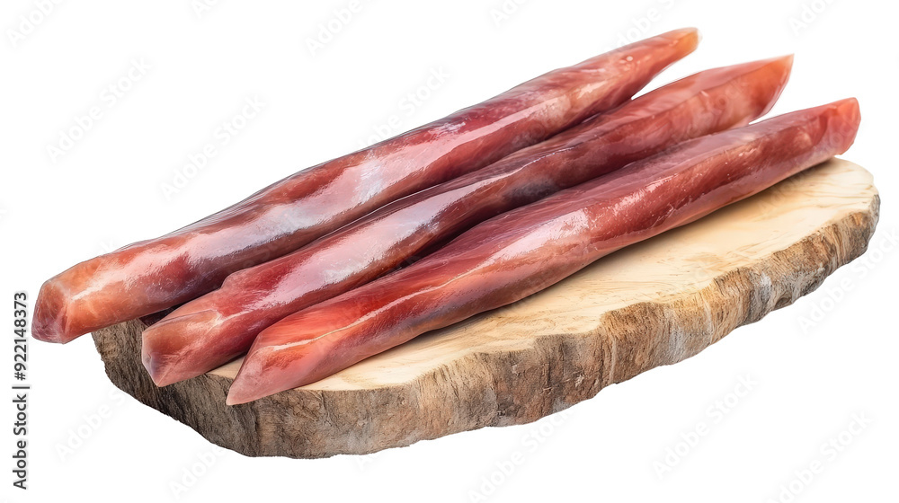 Four raw, elongated pieces of meat are placed on a wooden board, ready for preparation or cooking. Four raw, elongated pieces of meat are placed on a wooden board, ready for preparation or cooking.