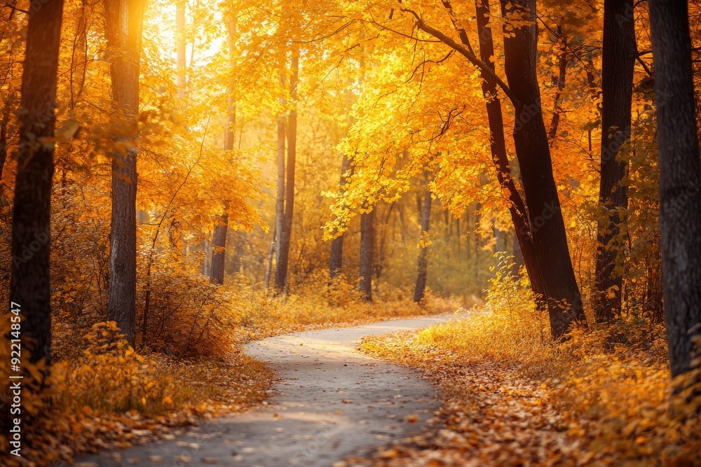 Obraz premium A winding path in a serene forest surrounded by vibrant autumn foliage under warm sunlight