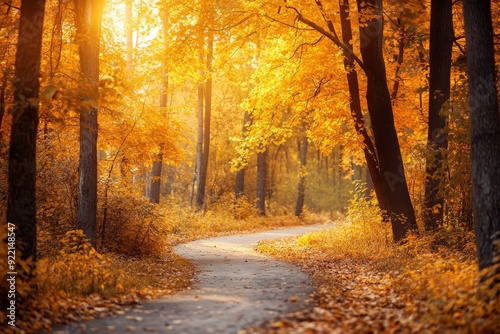 A winding path in a serene forest surrounded by vibrant autumn foliage under warm sunlight