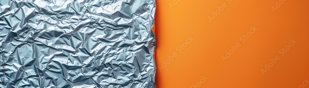 Obraz premium A vibrant contrast between crinkled foil and a smooth orange background, perfect for creative design and abstract concepts.