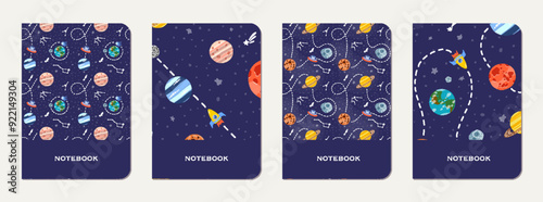 School notebook cover design with cartoon galaxy.