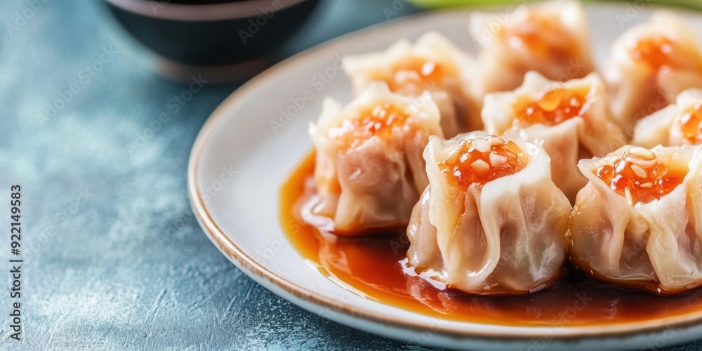 Delicious dim sum dumplings with caviar garnish on plate Delicious dim sum dumplings with caviar garnish on plate