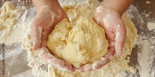 A person is holding a dough in their hands. The dough is made of flour and sugar. The person is wearing a white shirt photo