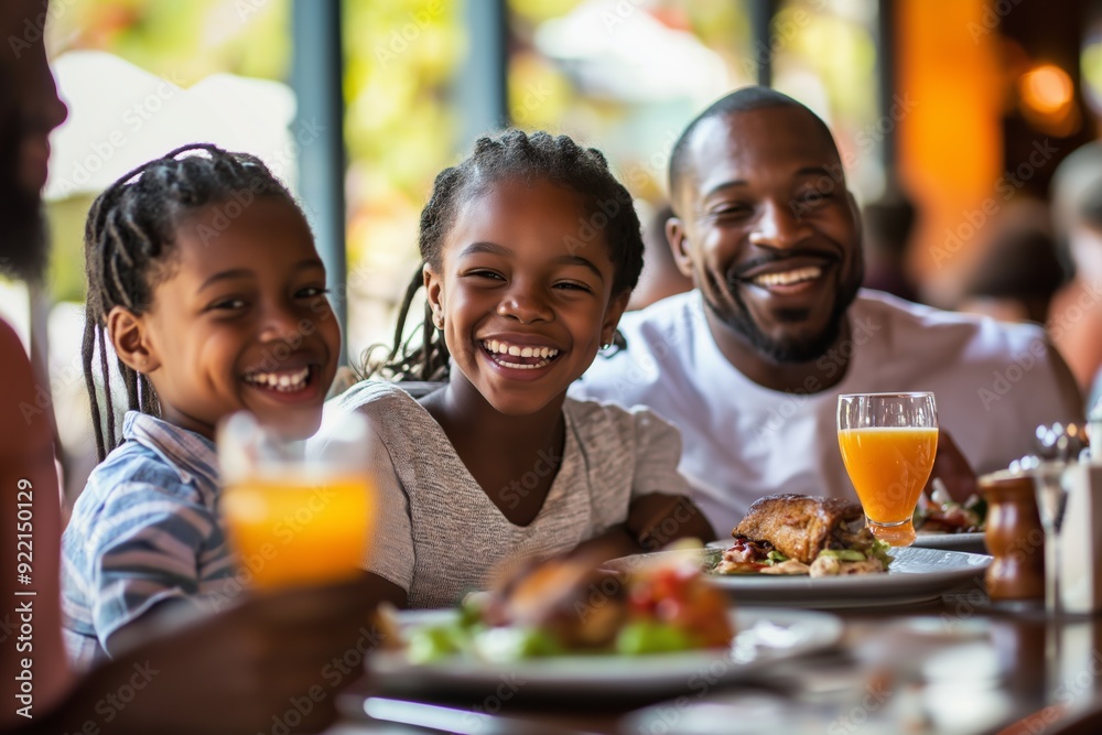 A family of three, a man and two children, are sitting at a table with plates of food and glasses of orange juice. They are smiling and enjoying their meal together A family of three, a man and two children, are sitting at a table with plates of food and glasses of orange juice. They are smiling and enjoying their meal together