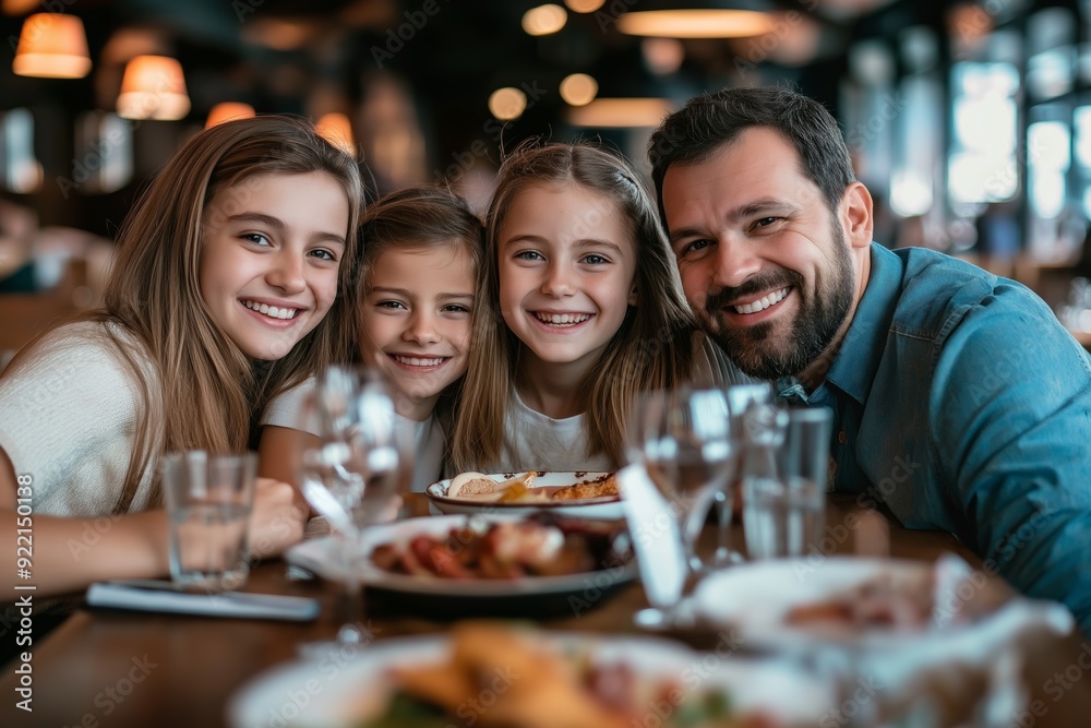 A family of four is sitting at a table with a variety of food and drinks. They are smiling and enjoying their meal together A family of four is sitting at a table with a variety of food and drinks. They are smiling and enjoying their meal together
