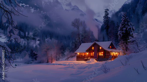 A cozy mountain cabin at dusk, with warm lights glowing from the windows, smoke rising from the chimney, and snow gently falling outside.