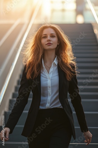 A woman in a business suit walks up a set of stairs. She is wearing a white shirt and has long red hair. Concept of professionalism and confidence, as the woman is dressed in a business suit