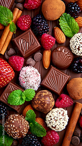 A close up of a chocolate dessert with a variety of fruits and nuts. The dessert is a mix of chocolate and fruit, with strawberries, raspberries, and blueberries scattered throughout