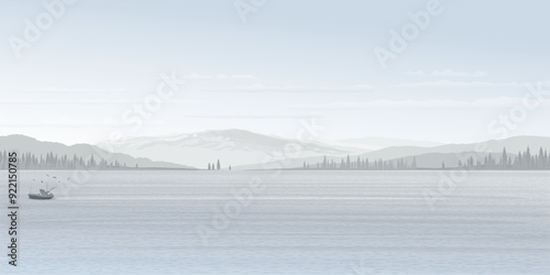 Minimalist seascape in winter season with fishing boat followed by seagulls have mountain ranges, silhouetted pine forest and dusk sky background graphic illustration have blank space.