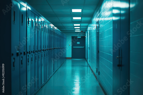 Cinematic Wide-Angle View of a School Hallway with Blue and Teal Lockers  Enhanced by Warm Lighting and Modern Design Features.