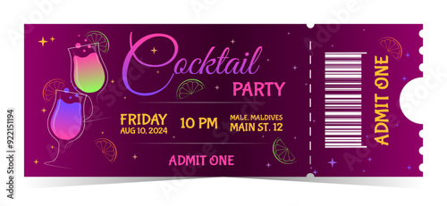 Colorful pink Cocktail Party Invitation Ticket Design with colorful drinks, event details and admit one barcode