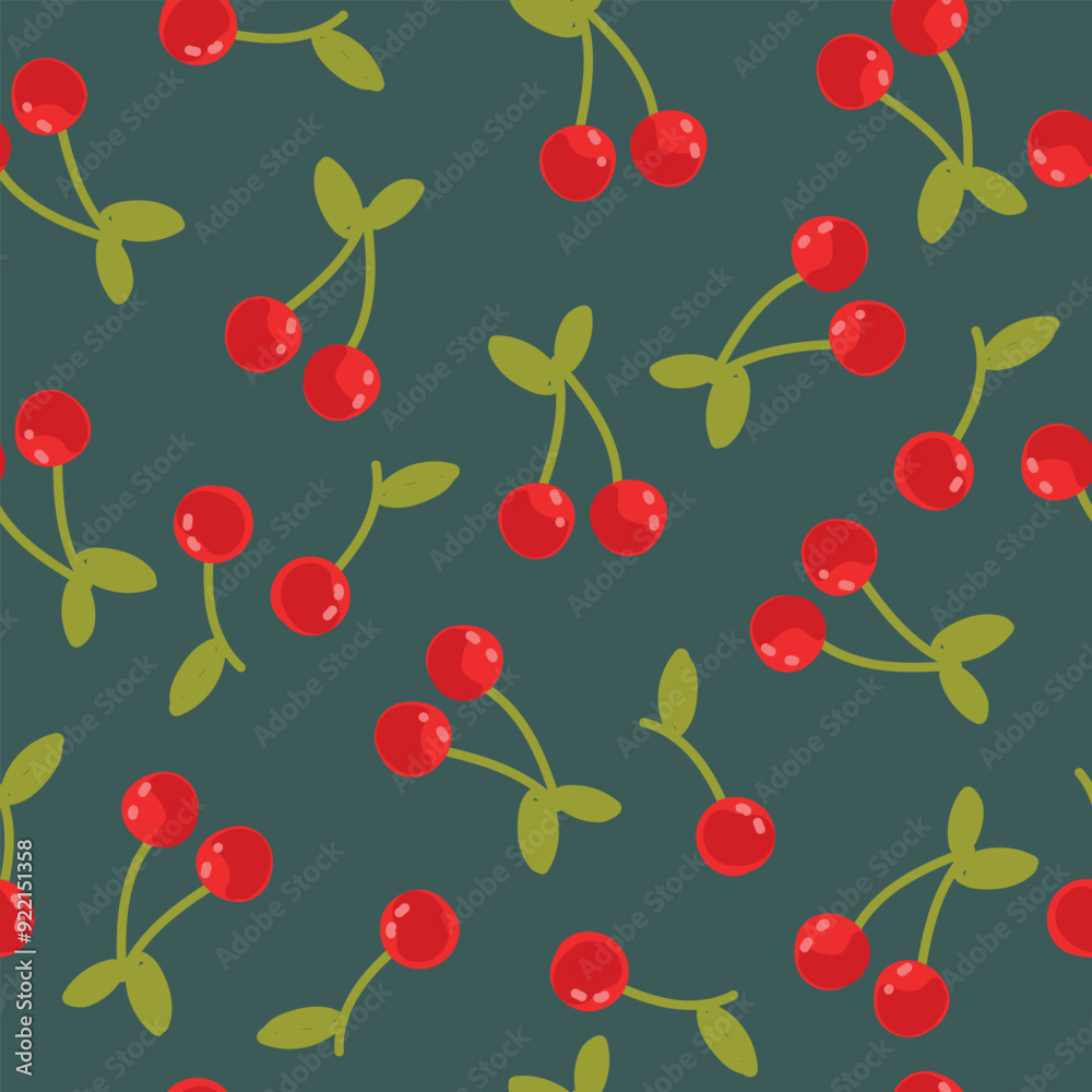 Seamless pattern with red cherries on green background. Vector illustration.
Seamless pattern with red cherries on green background. Vector illustration.