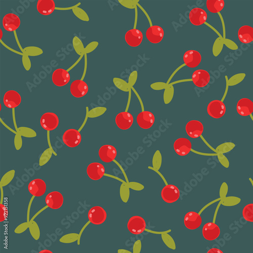 Seamless pattern with red cherries on green background. Vector illustration. 