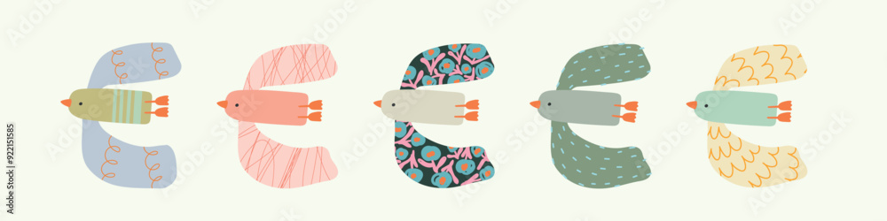 Fotografie Set with cute five birds Vector illustration.