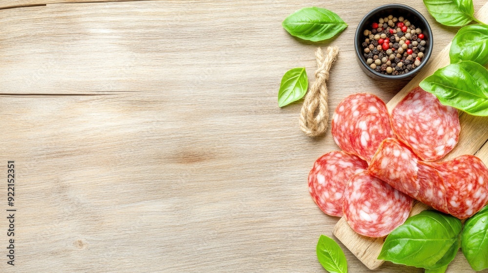 A vibrant assortment of sausage and salami arranged on a wooden table with basil leaves and spices, creating an inviting spread for a summer gathering A vibrant assortment of sausage and salami arranged on a wooden table with basil leaves and spices, creating an inviting spread for a summer gathering