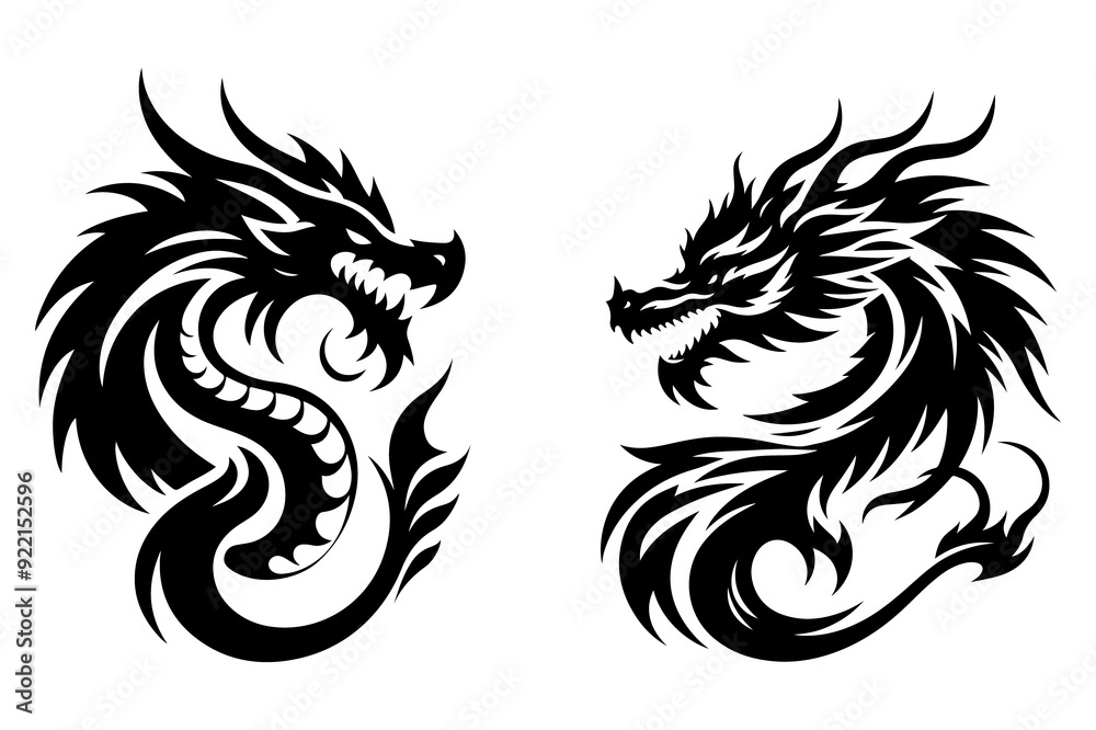 Fototapeta premium Dragon head set black silhouette vector illustration isolated on transparent background- Generative AI
