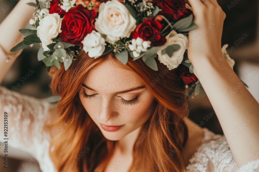 Naklejka premium Serene redhead woman with floral headpiece
