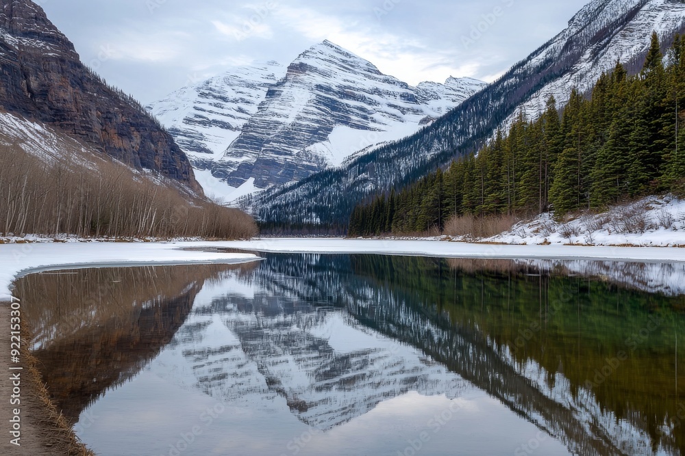 Mirror Lake Surrounded by Snow-Covered Mountains and Dense Forests in Winter, Fresh Snow Mirror Lake Surrounded by Snow-Covered Mountains and Dense Forests in Winter, Fresh Snow