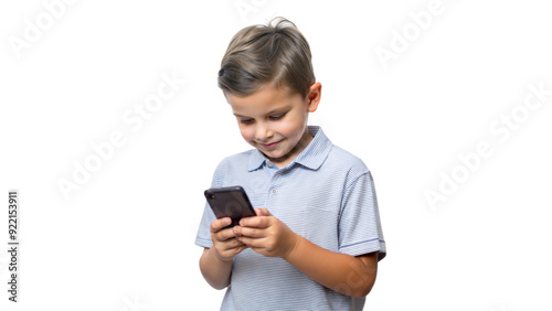 Boy using smartphone isolated on transparent background