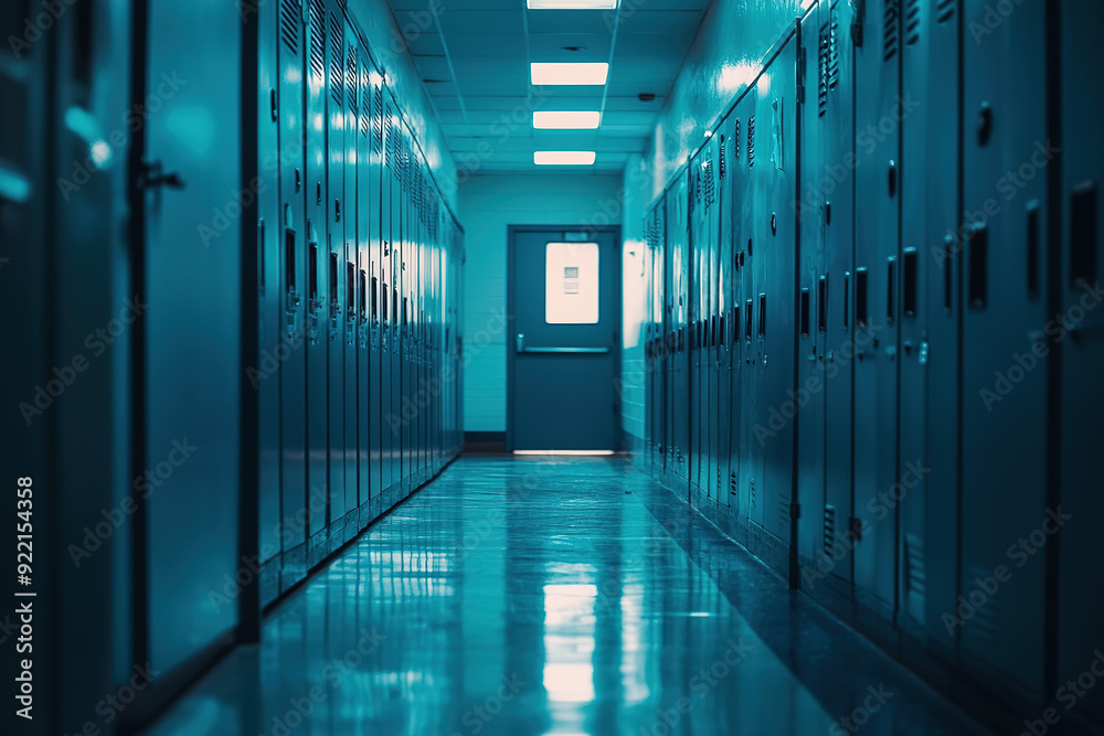 Elegant School Corridor with Blue and Teal Lockers, Shown in a Wide-Angle Cinematic View with Warm Light and Contemporary Style. Elegant School Corridor with Blue and Teal Lockers, Shown in a Wide-Angle Cinematic View with Warm Light and Contemporary Style.
