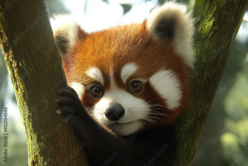 Fototapeta premium Red panda climbing in lush green