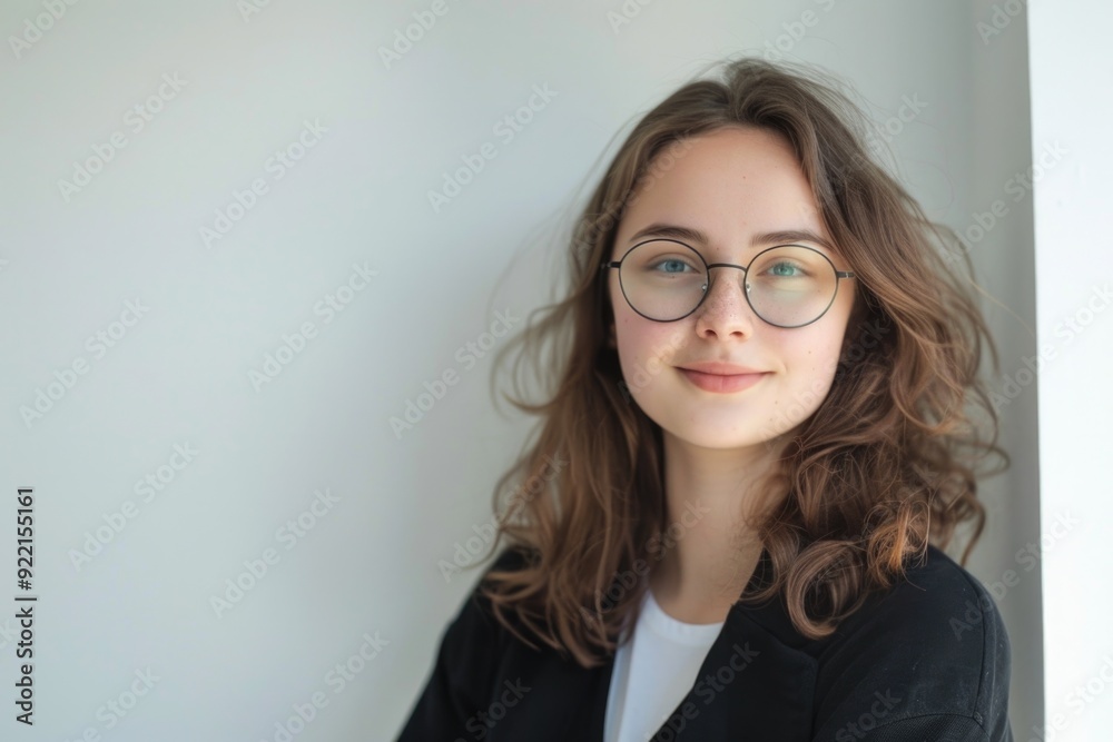 Bright Portrait of a Stylish Girl Smiling Near White Background with Copy Space Bright Portrait of a Stylish Girl Smiling Near White Background with Copy Space