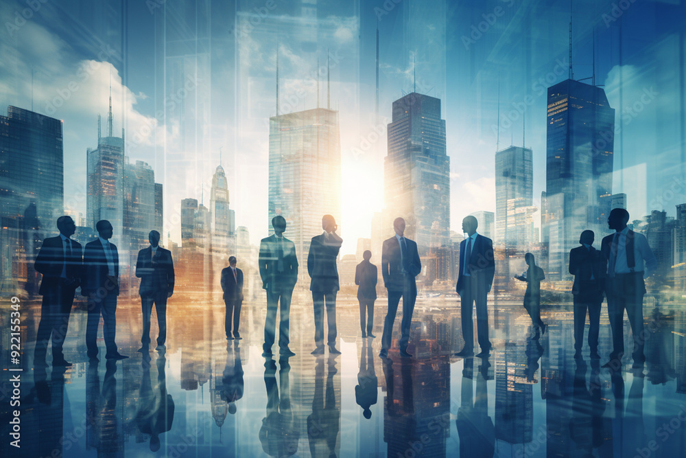 Double exposure image of many business people conference group meeting on city Double exposure image of many business people conference group meeting on city