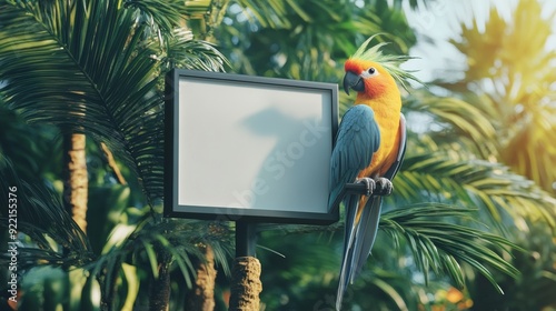 Blank Frame-Like Store Signage Design Mockup Isolated, Coroplast Billboard Mardi Gras with Cockatiel on Ecosystem Background photo